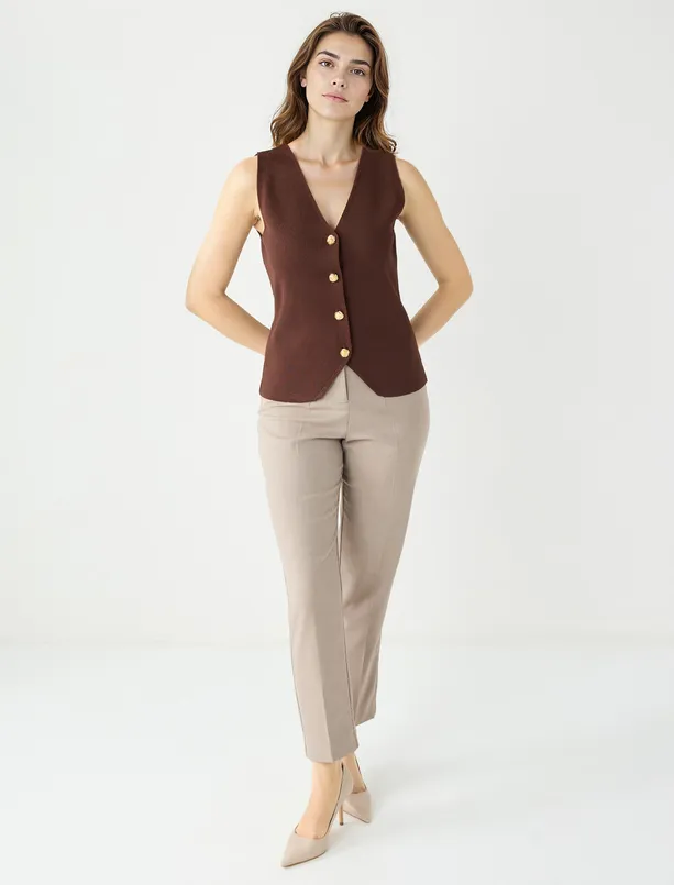 Bayan  Normal Paça Yüksek Bel Düz Kesim Dokuma Pantolon