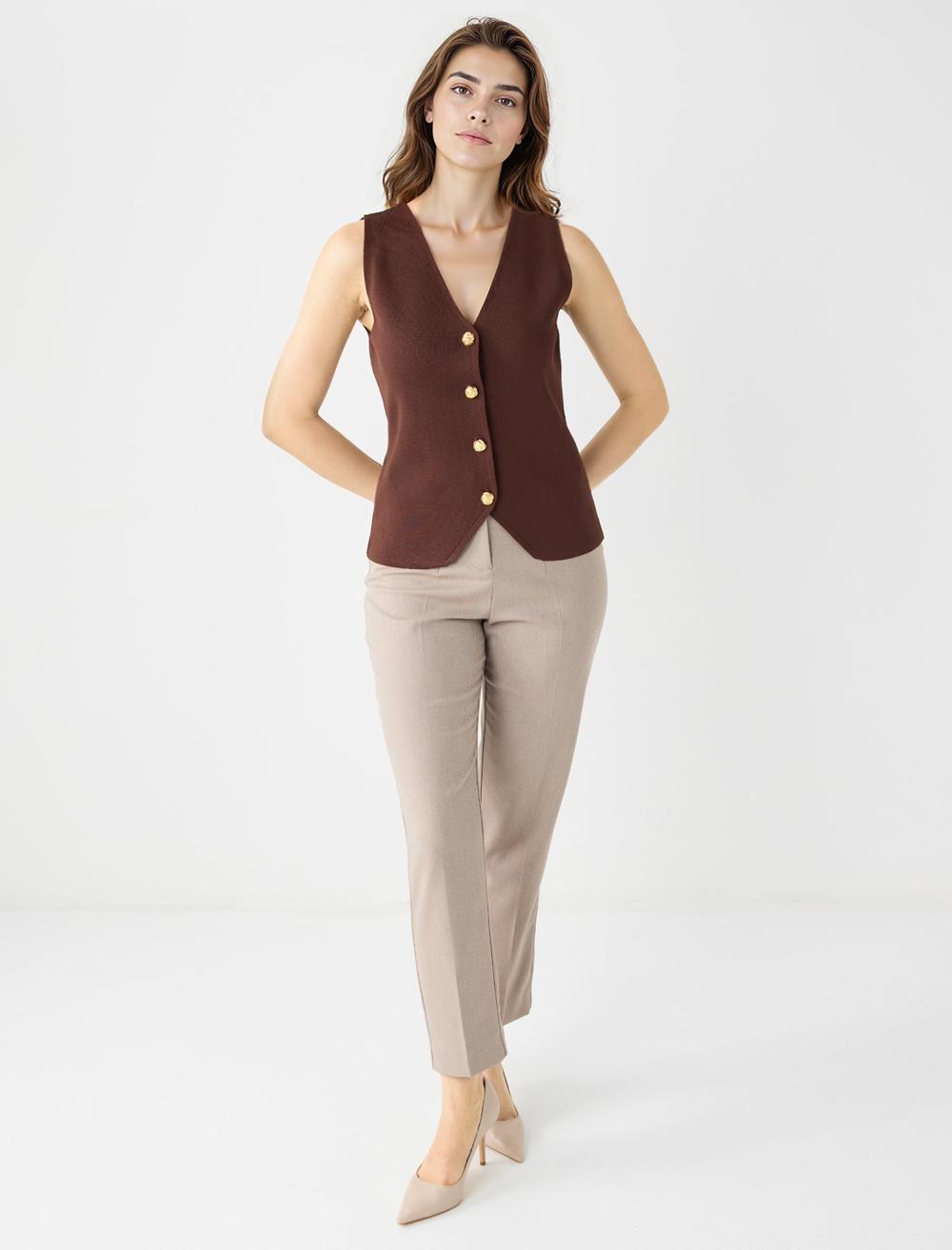 Normal Paça Yüksek Bel Düz Kesim Dokuma Pantolon