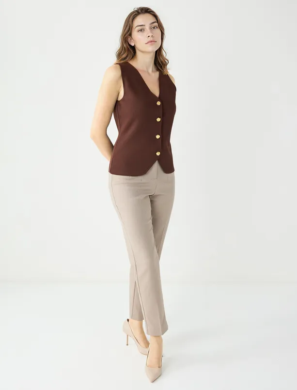 Bayan Bej Melanj Normal Paça Yüksek Bel Düz Kesim Dokuma Pantolon