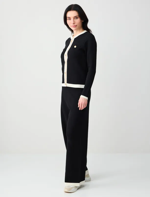 Bayan Siyah Yüksek Bel Bol Paça Triko Pantolon