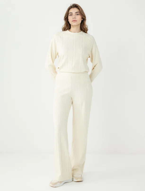 Bayan  Yüksek Bel Saç Örgü Desenli Örme Pantolon