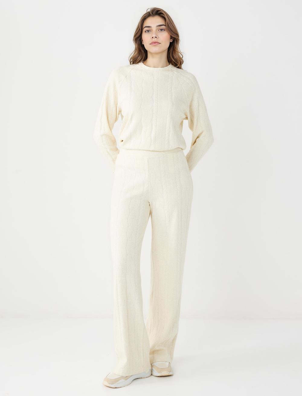 Yüksek Bel Saç Örgü Desenli Örme Pantolon