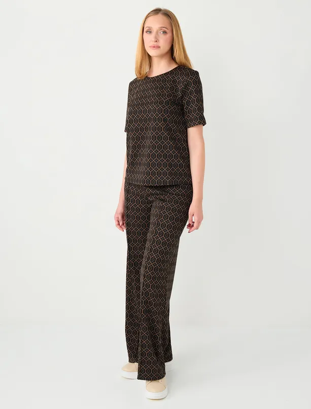 Bayan Kahverengi Bol Paça Yüksek Bel Geometrik Desenli Örme Pantolon