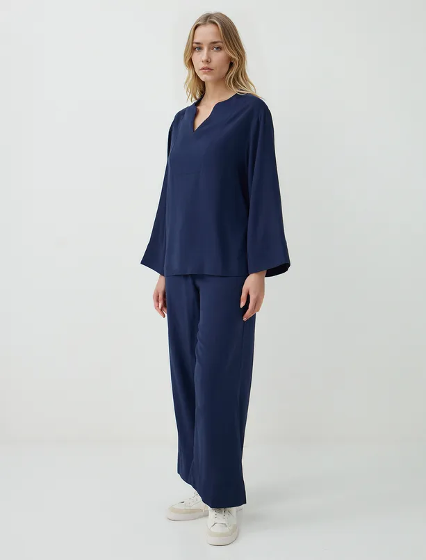 Women Dark Blue Wide Leg High Waist Woven Pants