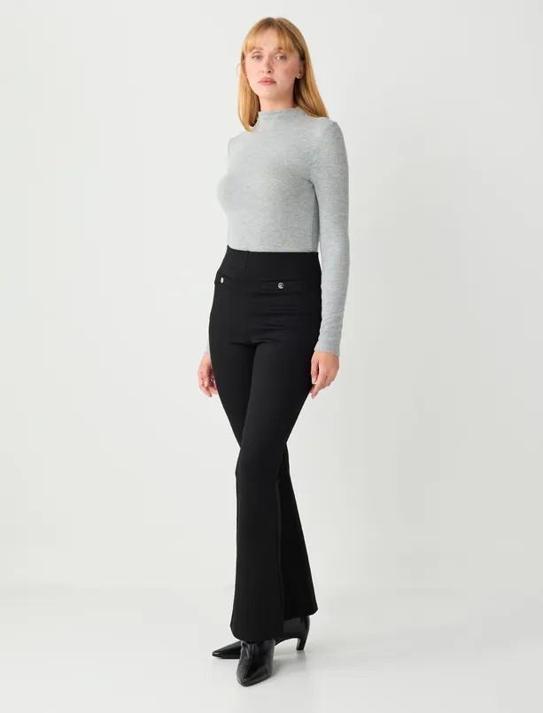 Bayan Siyah Dar Kesim Bol Paça Yüksek Bel Örme Pantolon