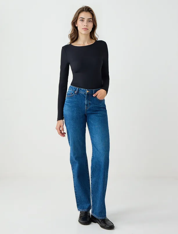 Bayan  Yüksek Bel Bol Paça Uzun Denim Pantolon
