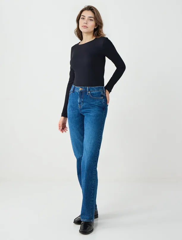 Bayan Lacivert Yüksek Bel Bol Paça Uzun Denim Pantolon