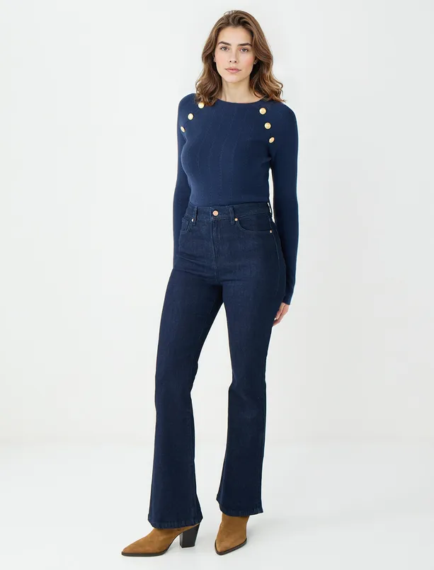 Bayan Lacivert Yüksek Bel Bol Paça Uzun Denim Pantolon