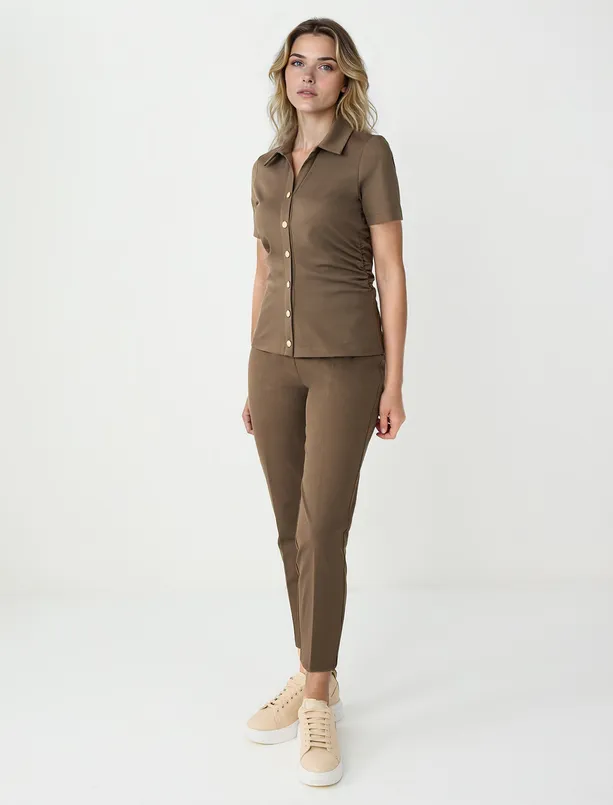 Bayan Haki Yüksek Bel Normal Paça Kanvas Dokuma Pantolon