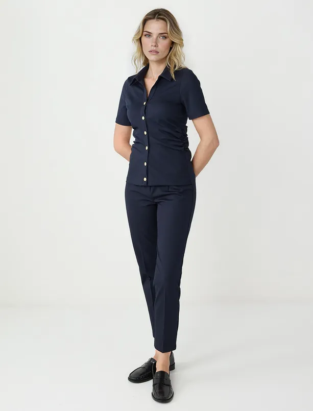 Women Dark Blue High Waist Regular Leg Canvas Woven Pants