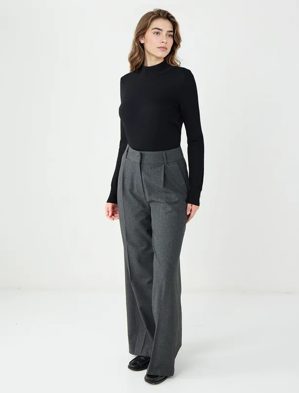 Bayan Antrasit Rahat Kesim Bol Paça Yüksek Bel Desenli Pantolon