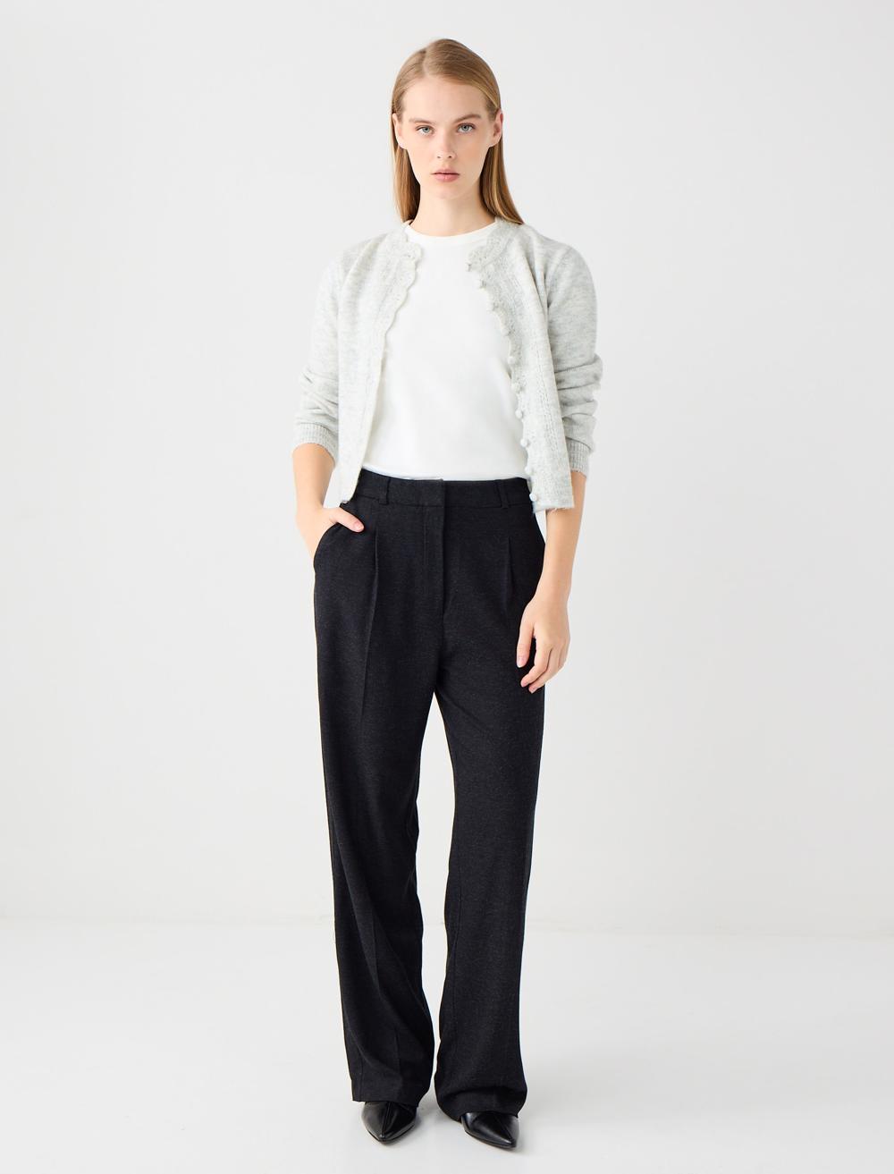 Yüksek Bel Bol Paça Dokuma Pantolon