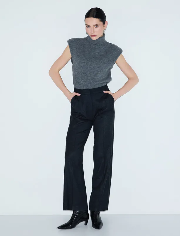 Bayan  Yüksek Bel Bol Paça Dokuma Pantolon