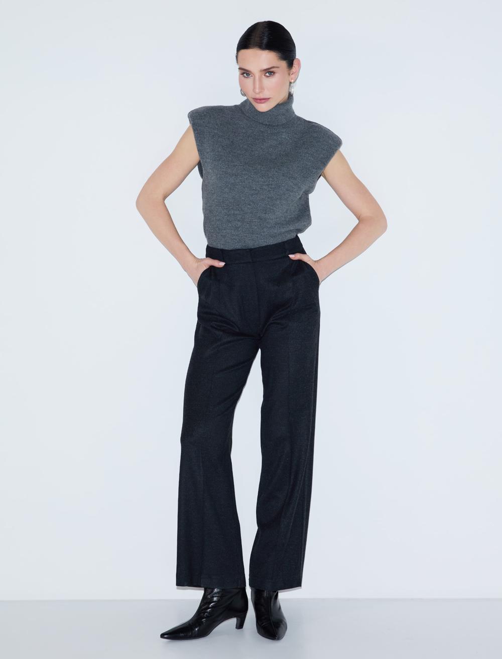 Yüksek Bel Bol Paça Dokuma Pantolon