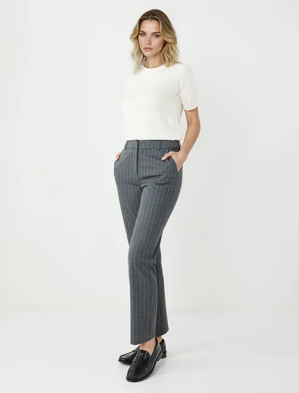 Women Grey Regular Waist Regular Leg Striped Knitted Pants