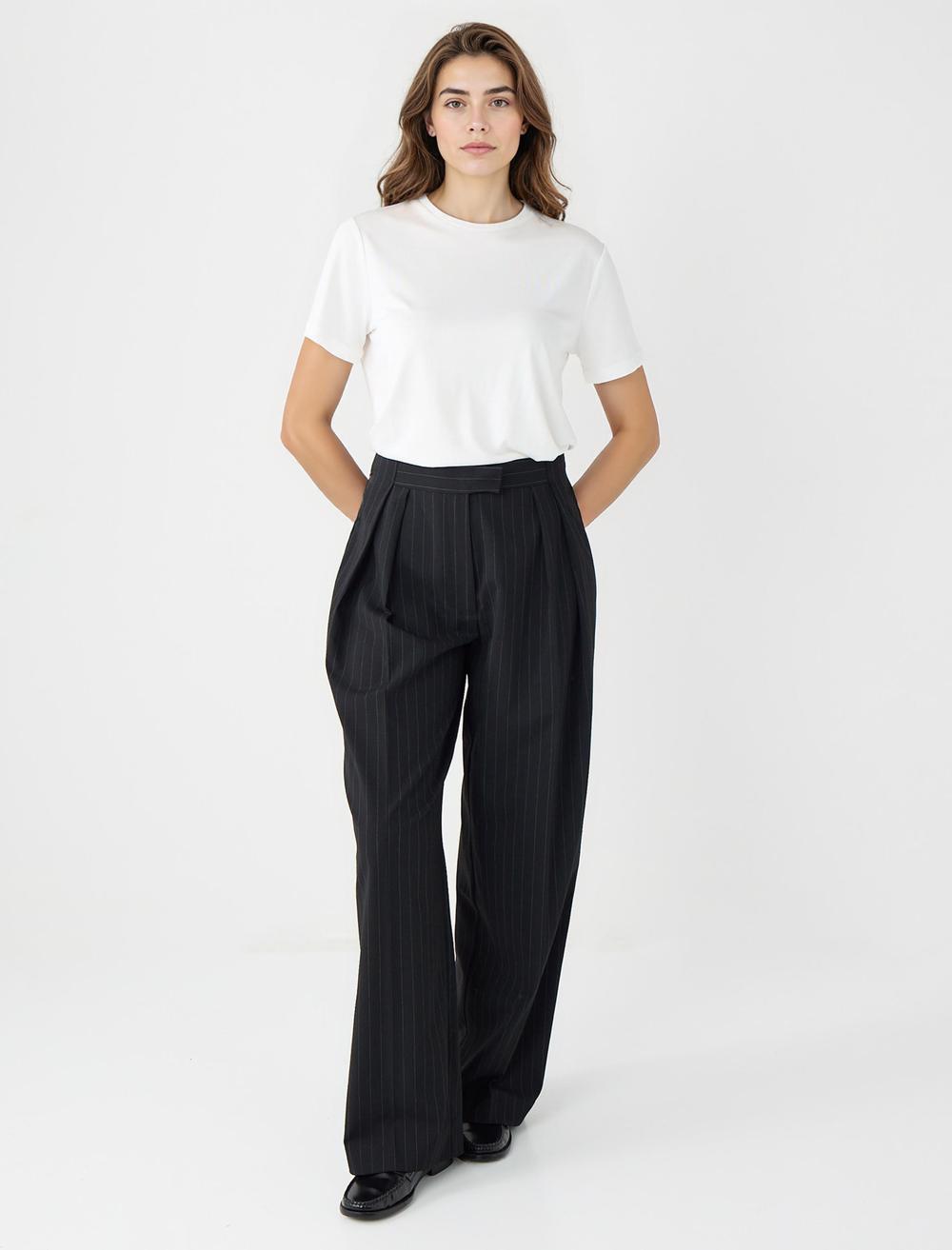 Rahat Kesim Yüksek Bel Bol Paça Çizgili Pantolon