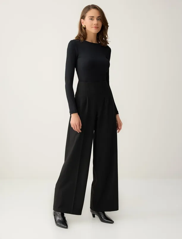 Bayan  Bol Paça Yüksek Bel Dokuma Rahat Kesim Pantolon