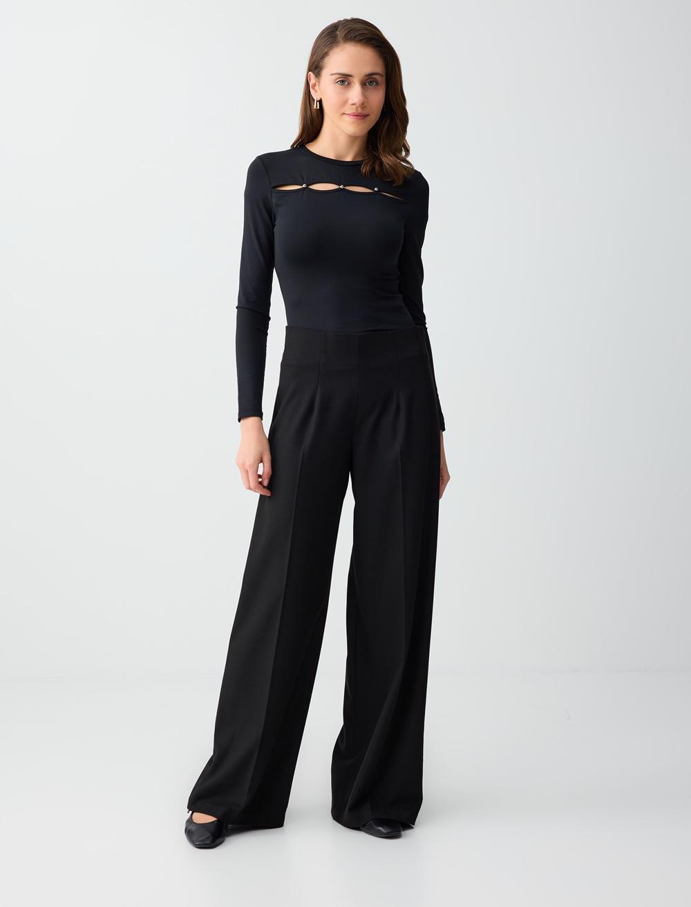 Bol Paça Yüksek Bel Dokuma Rahat Kesim Pantolon