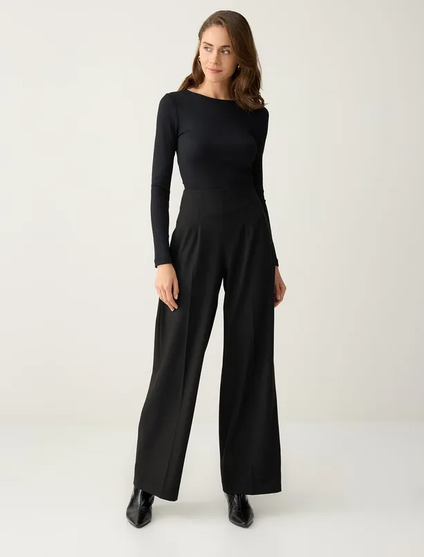 Bayan Siyah Bol Paça Yüksek Bel Dokuma Rahat Kesim Pantolon