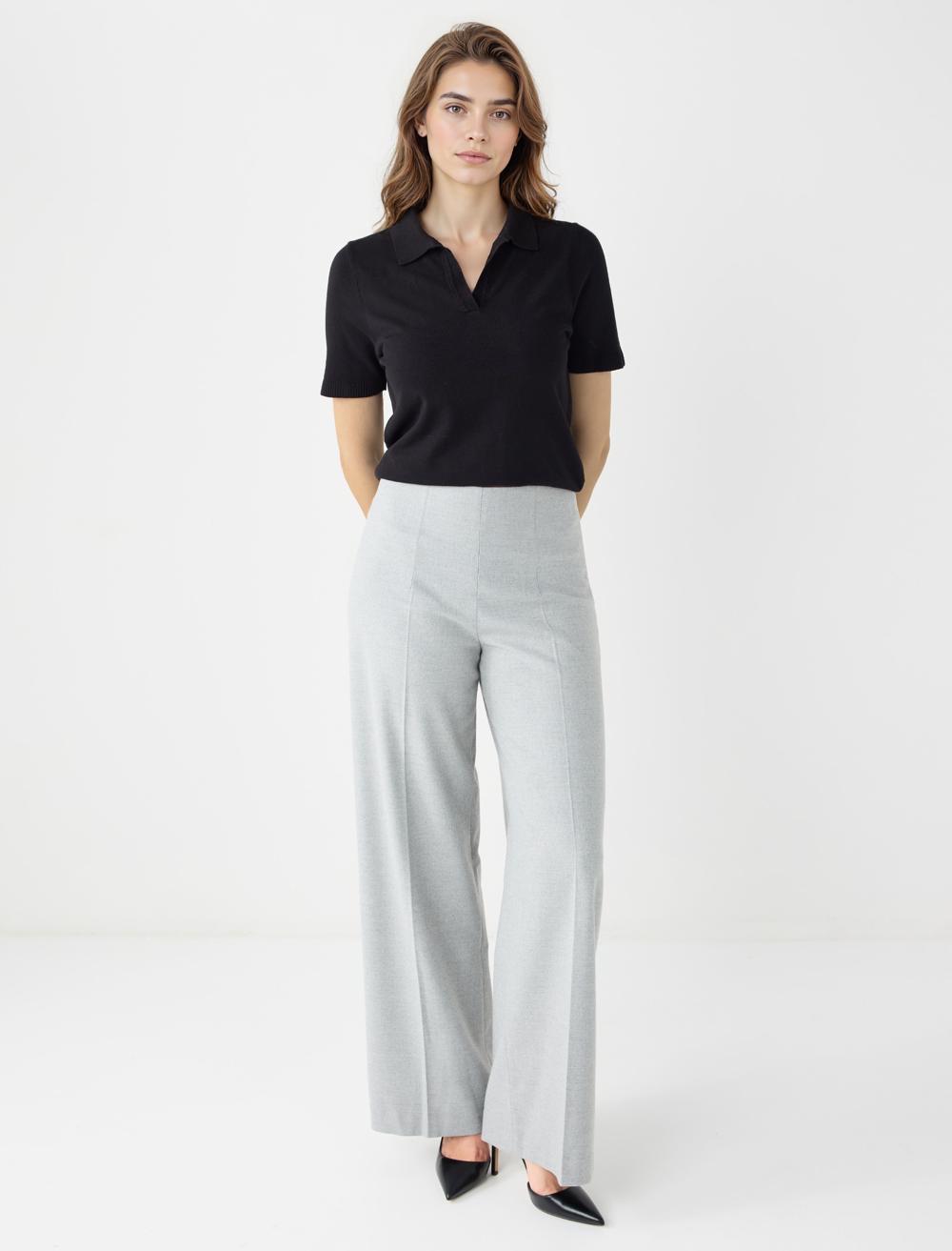 Bol Paça Yüksek Bel Dokuma Rahat Kesim Pantolon