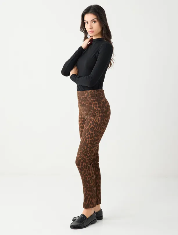 Bayan Kahverengi Dar Paça Normal Bel Leopar Desenli Pantolon