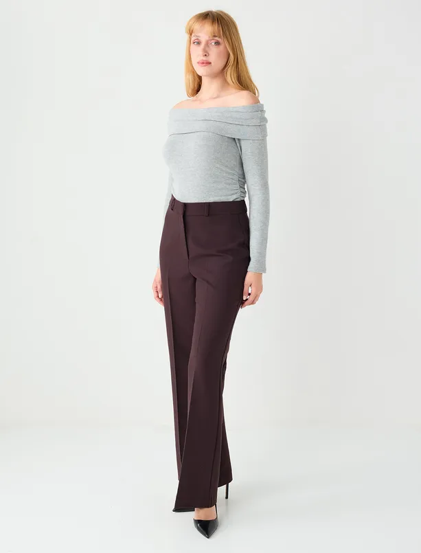 Bayan Kahverengi Bol Kesim Bol Paça Normal Bel Dokuma Pantolon