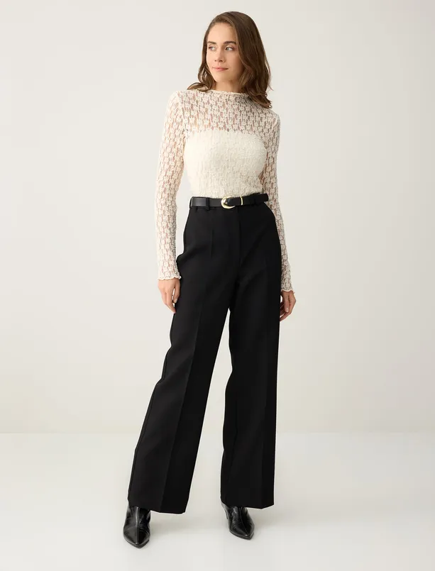 Bayan Siyah Bol Kesim Bol Paça Normal Bel Dokuma Pantolon