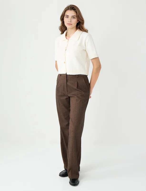 Bayan Kahverengi Bol Paça Normal Bel Uzun Dokuma Pantolon