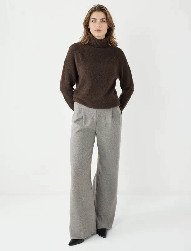 Bayan  Yüksek Bel Bol Paça Yumuşak Dokulu Örme Pantolon