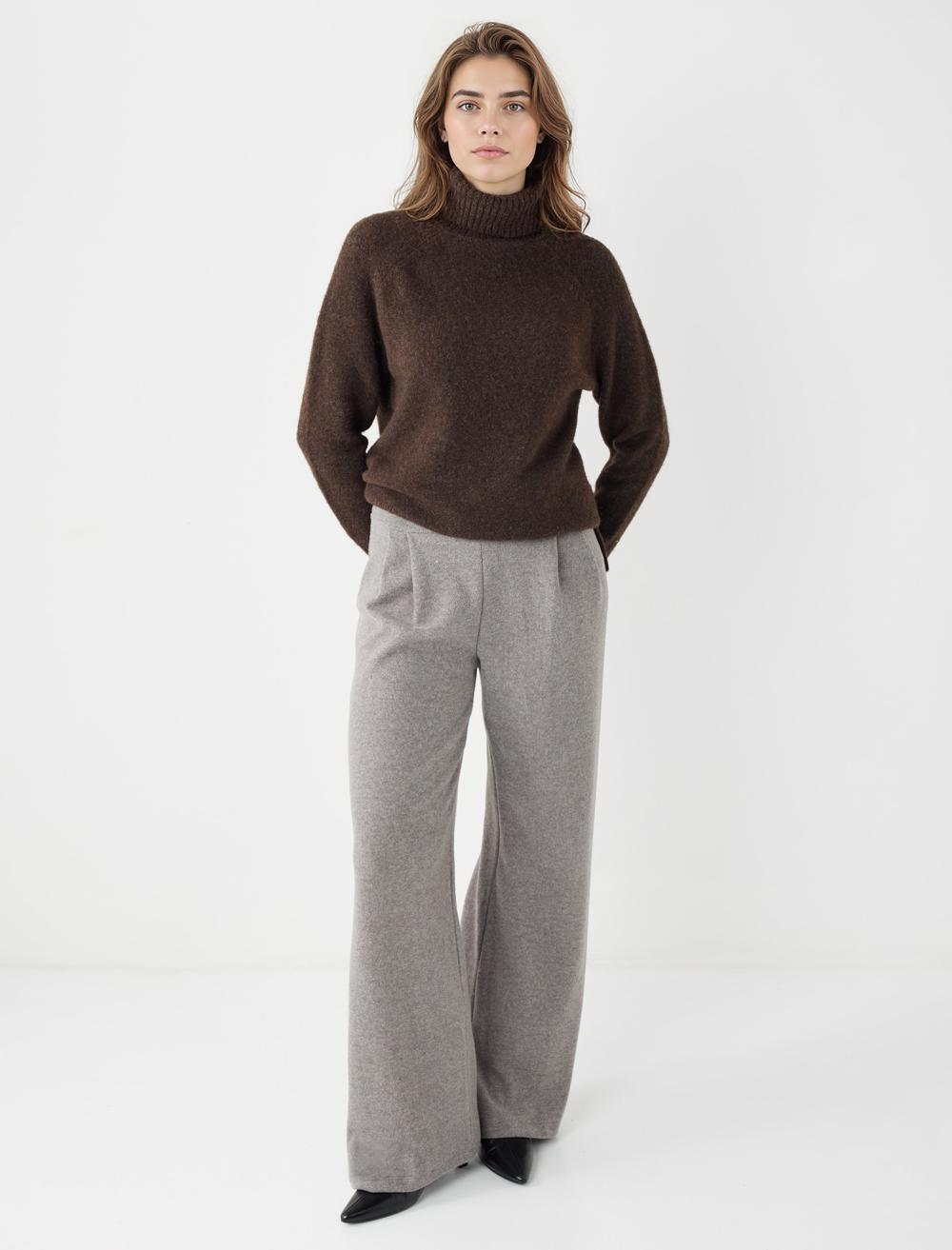 Yüksek Bel Bol Paça Yumuşak Dokulu Örme Pantolon