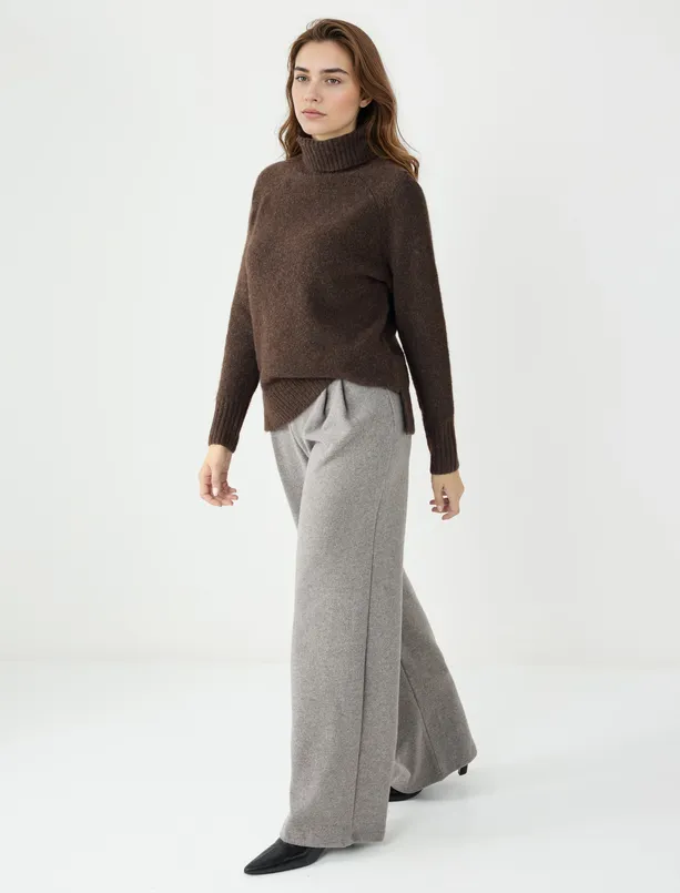 Bayan Antrasit Melanj Yüksek Bel Bol Paça Yumuşak Dokulu Örme Pantolon