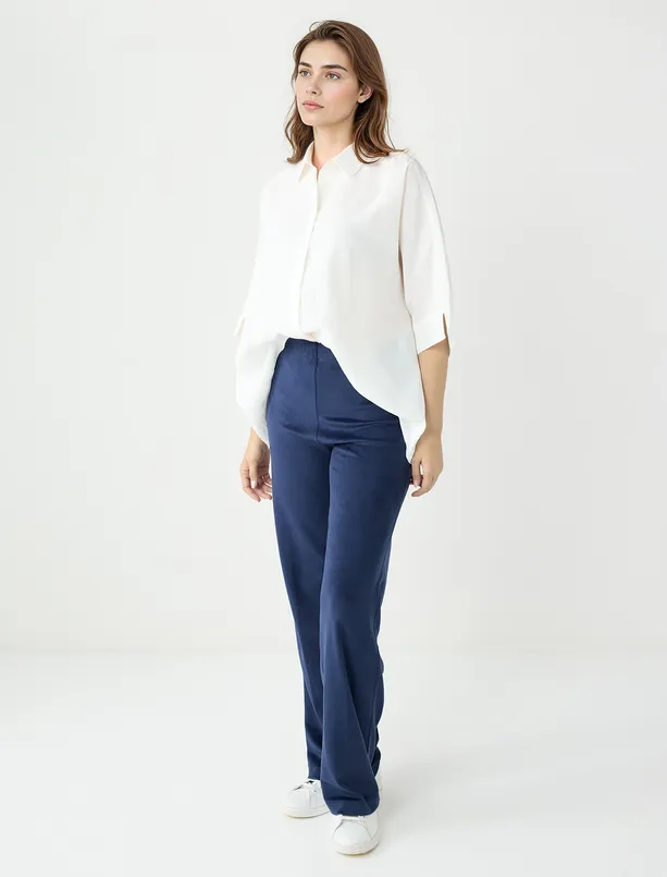 Bayan Lacivert Normal Bel Normal Paça Polar Örme Pantolon