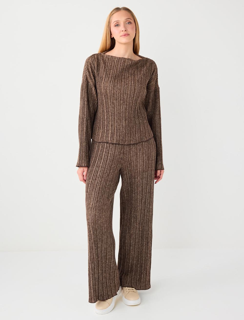 Normal Bel Bol Paça Piliseli Örme Pantolon