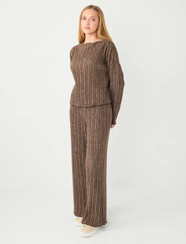 Women Brown Regular Waist Wide Leg Pleated Knitted Pants