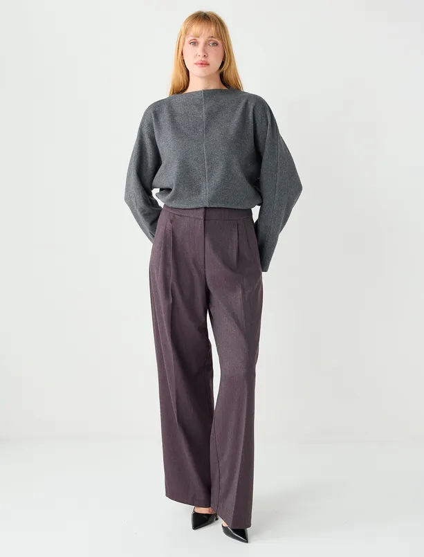 Bayan  Bol Paça Rahat Kesim Yüksek Bel Dokuma Pantolon