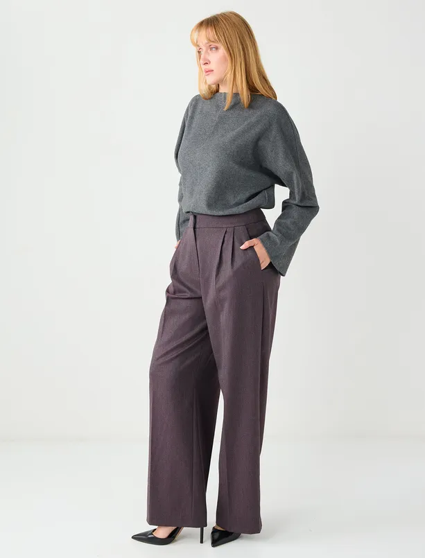 Bayan Mor Bol Paça Rahat Kesim Yüksek Bel Dokuma Pantolon