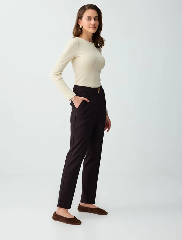 Bayan Mor Dar Paça Normal Bel Metal Detaylı Dokuma Pantolon