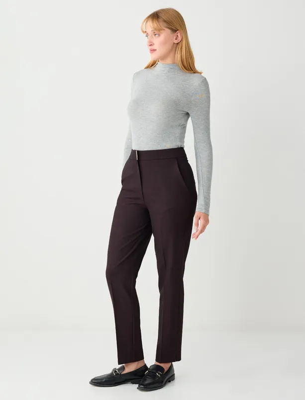 Bayan Mor Dar Paça Normal Bel Metal Detaylı Dokuma Pantolon