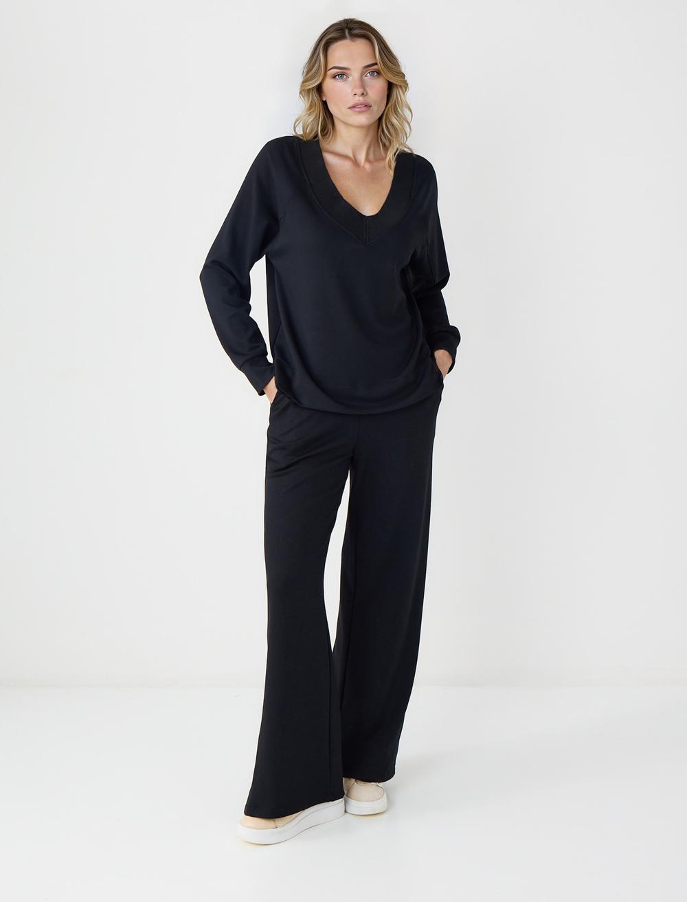 Yüksek Bel Bol Paça Cep Detaylı Örme Pantolon