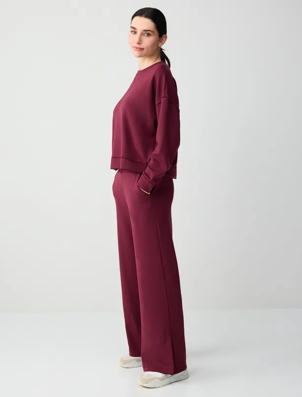 Bayan Bordo Yüksek Bel Bol Paça Cep Detaylı Örme Pantolon