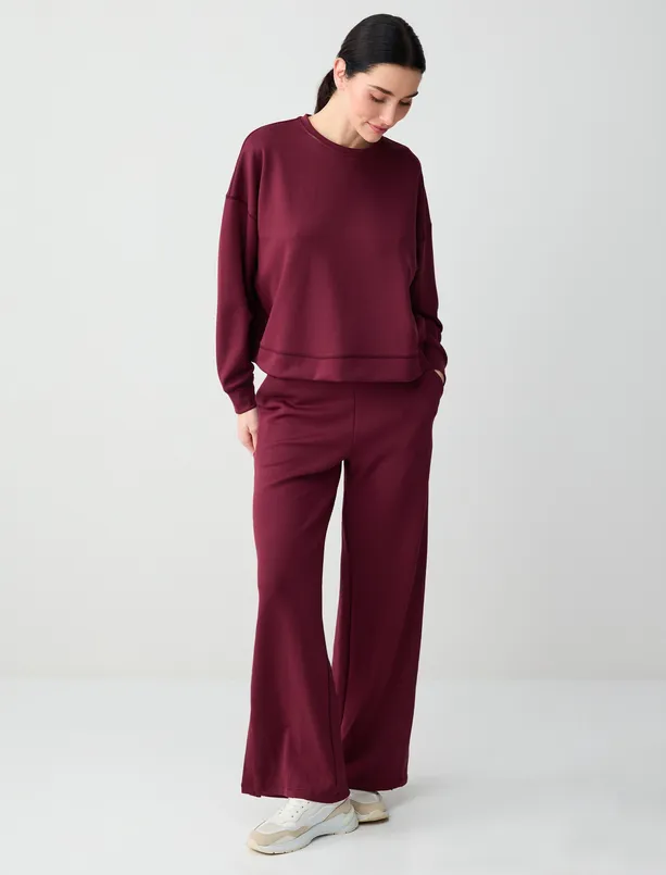 Bayan  Yüksek Bel Bol Paça Cep Detaylı Örme Pantolon