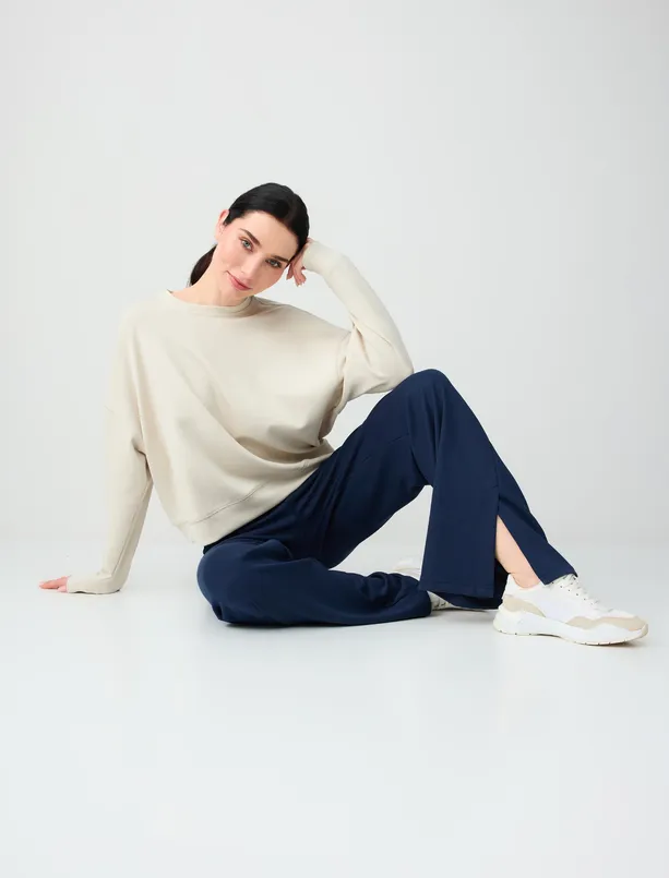 Bayan  Yüksek Bel Bol Paça Cep Detaylı Örme Pantolon