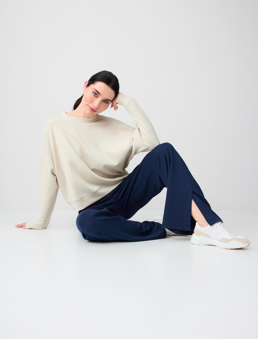 Yüksek Bel Bol Paça Cep Detaylı Örme Pantolon