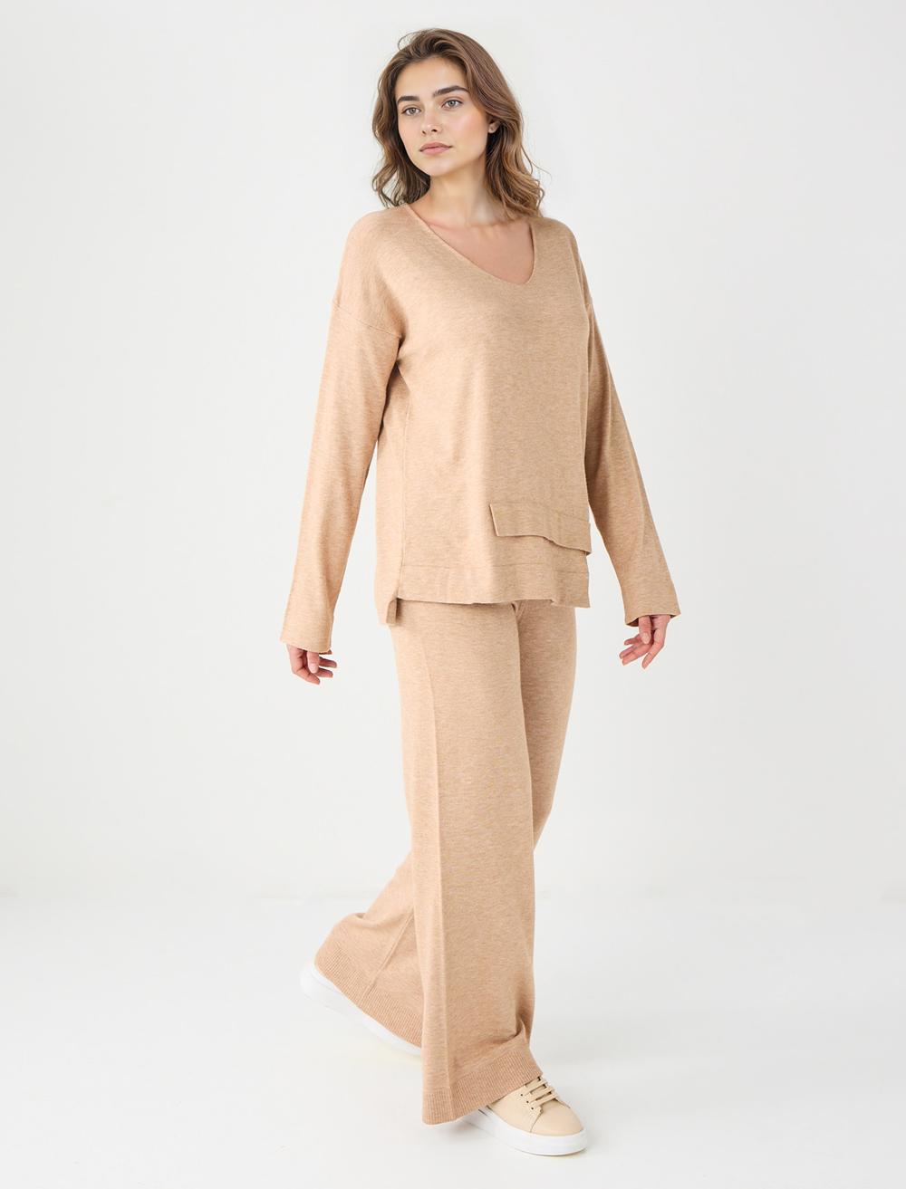 Yüksek Bel Bol Paça Beli Lastikli Triko Pantolon