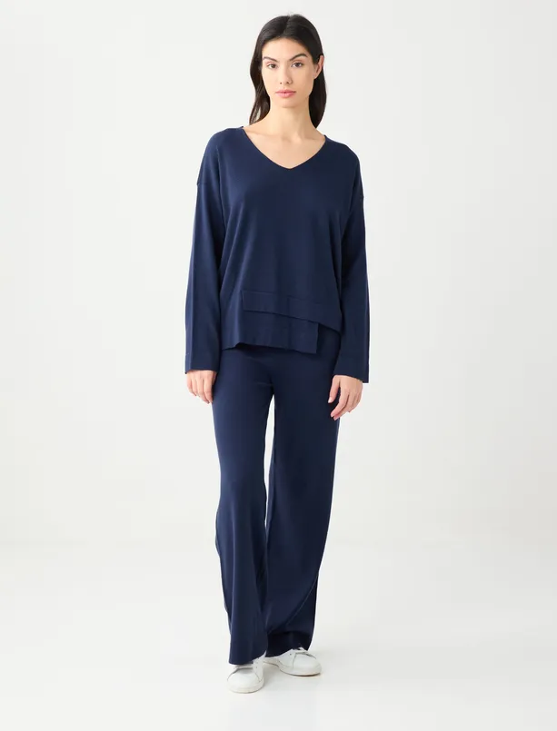 Bayan  Yüksek Bel Bol Paça Beli Lastikli Triko Pantolon