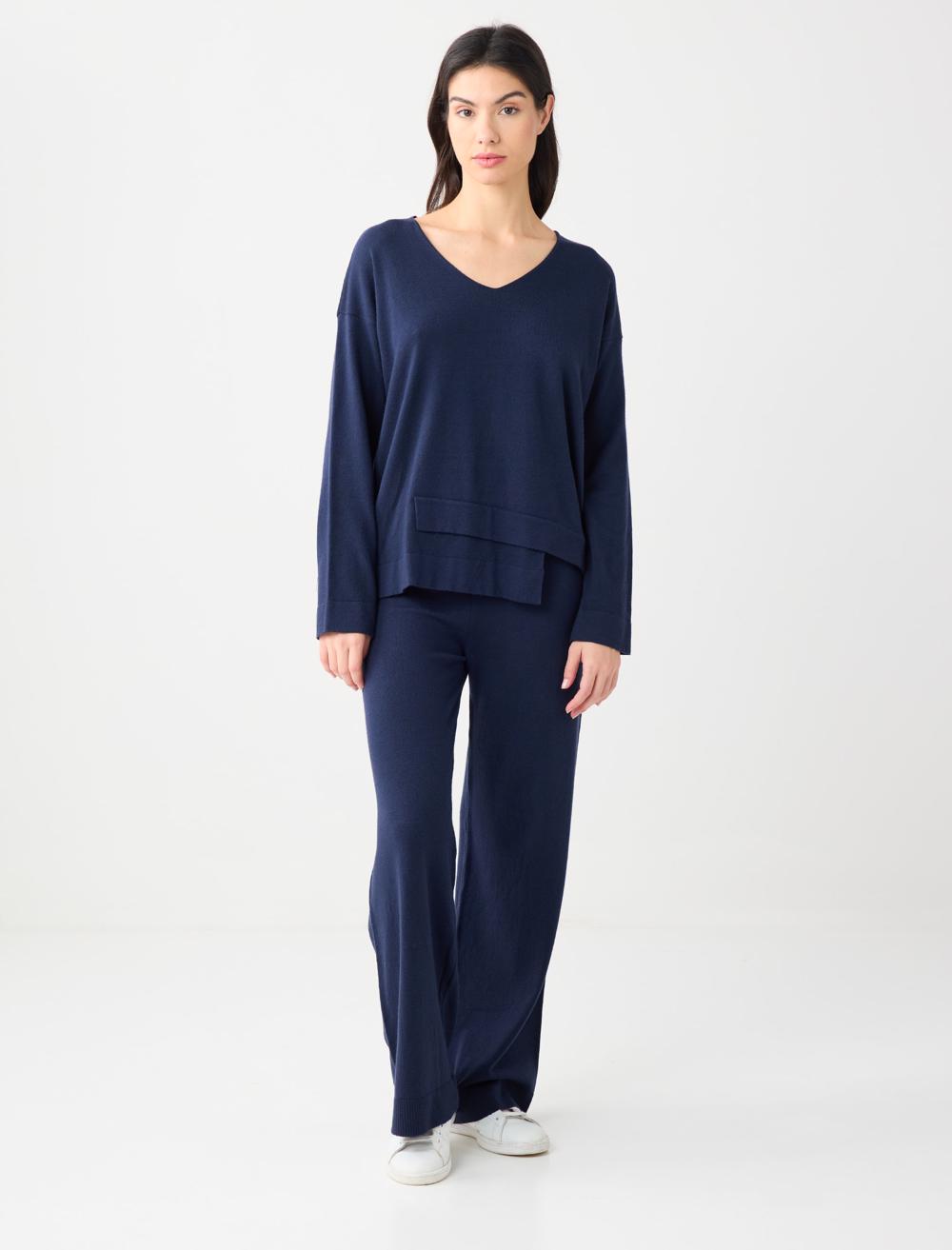 Yüksek Bel Bol Paça Beli Lastikli Triko Pantolon