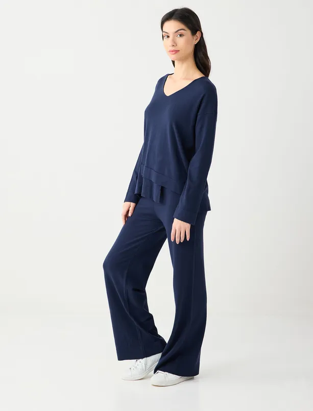 Bayan Lacivert Yüksek Bel Bol Paça Beli Lastikli Triko Pantolon