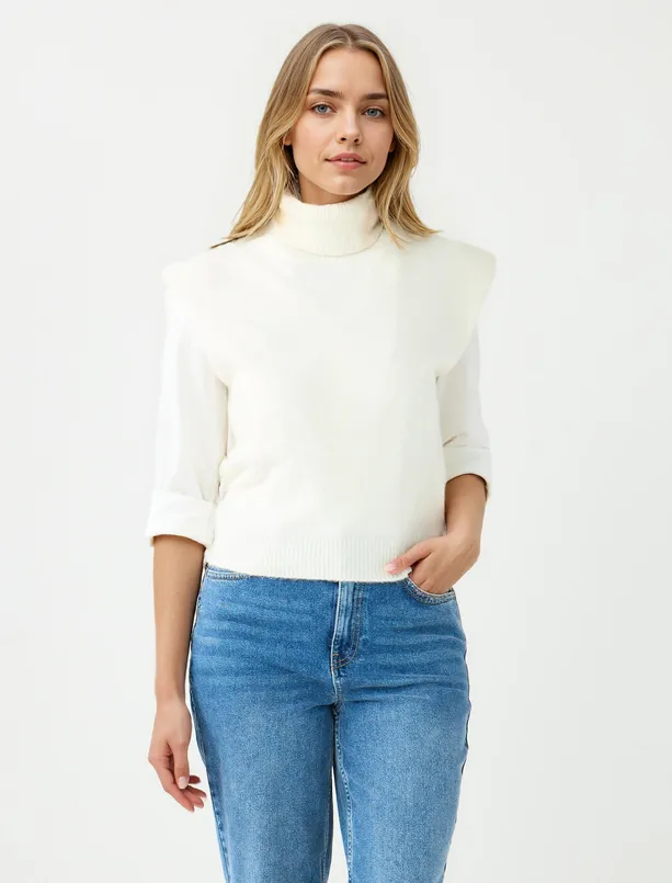 Women Ecru Turtleneck Sleeveless Sweater Sweater