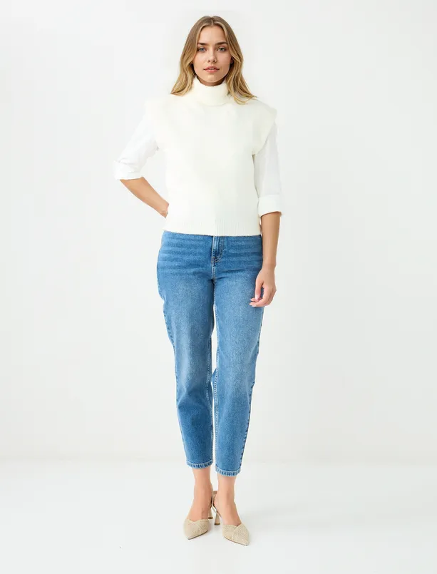 Women Ecru Turtleneck Sleeveless Sweater Sweater