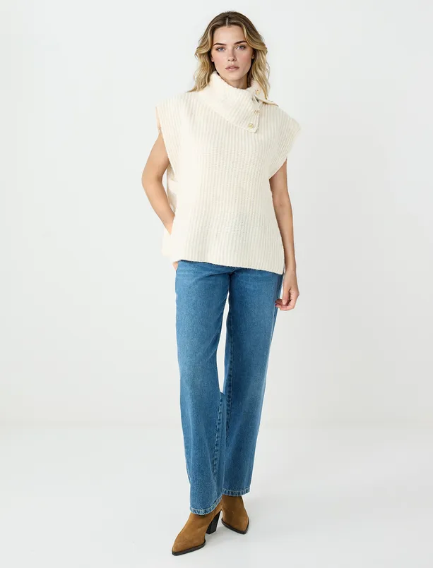 Women Ecru Stand Collar Zipper Detailed Sweater Sweater